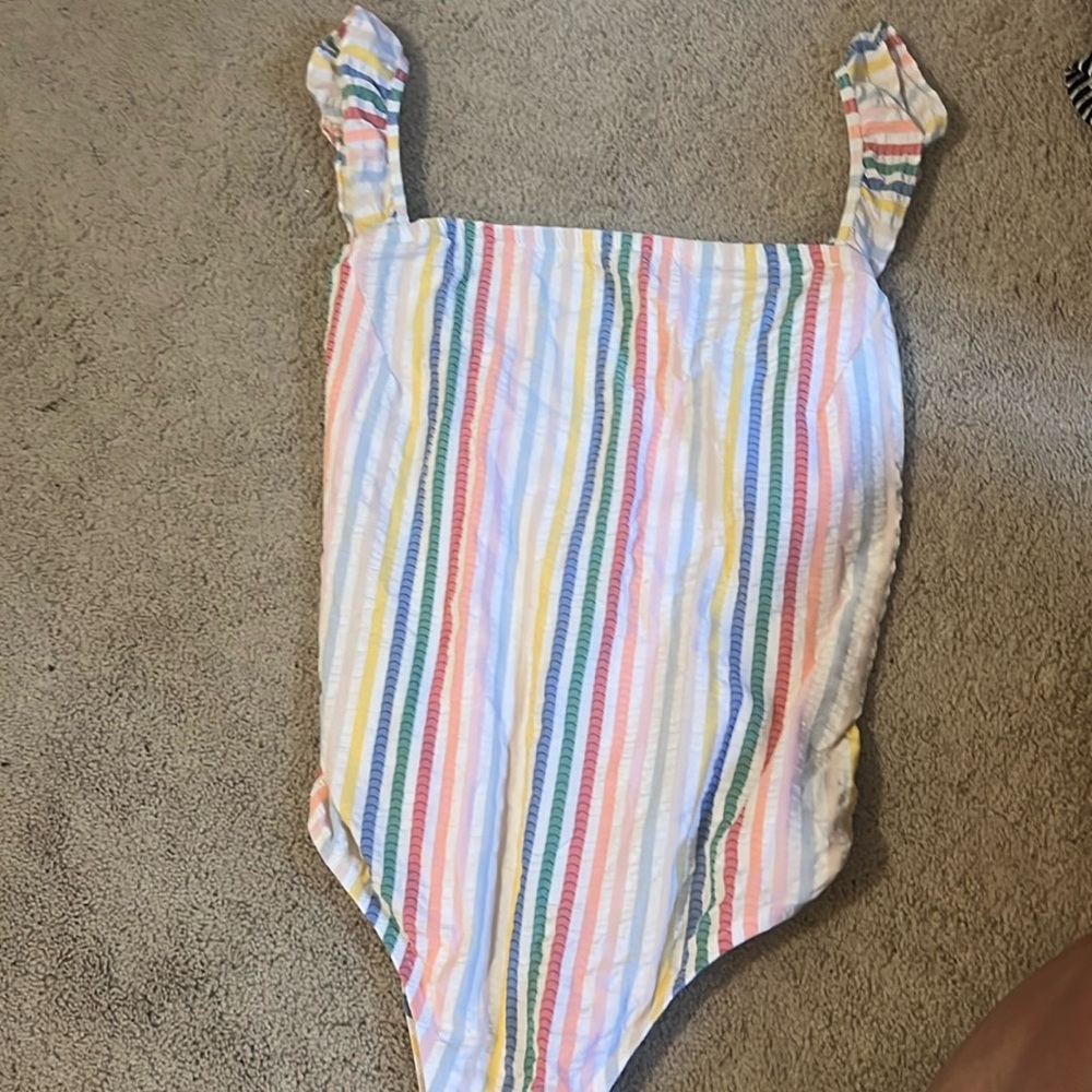 Jcrew one piece bathing suit searsucker multi color ruffle sleeves (not factory)